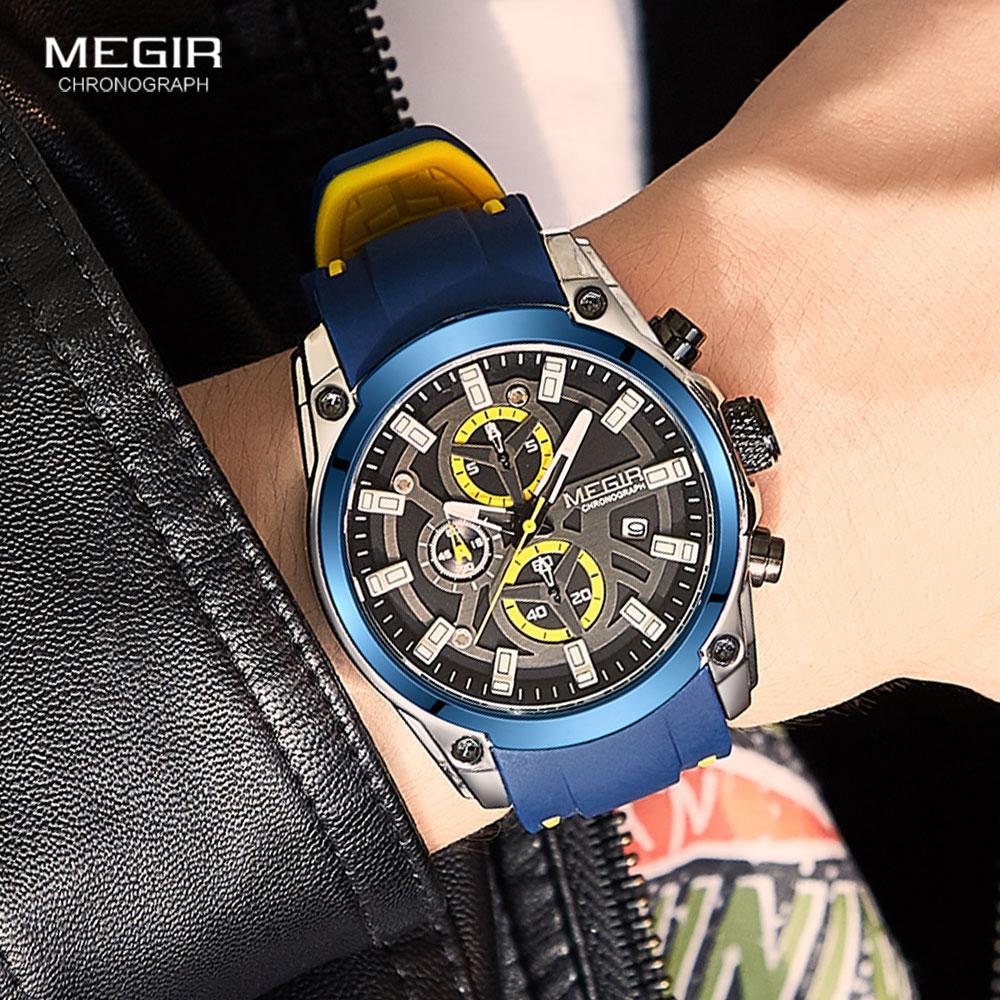 Megir Men's Quartz Watch Luxury Silicone Band 3ATM Water Resistant Business Chronograph Mens Sports WristWatches