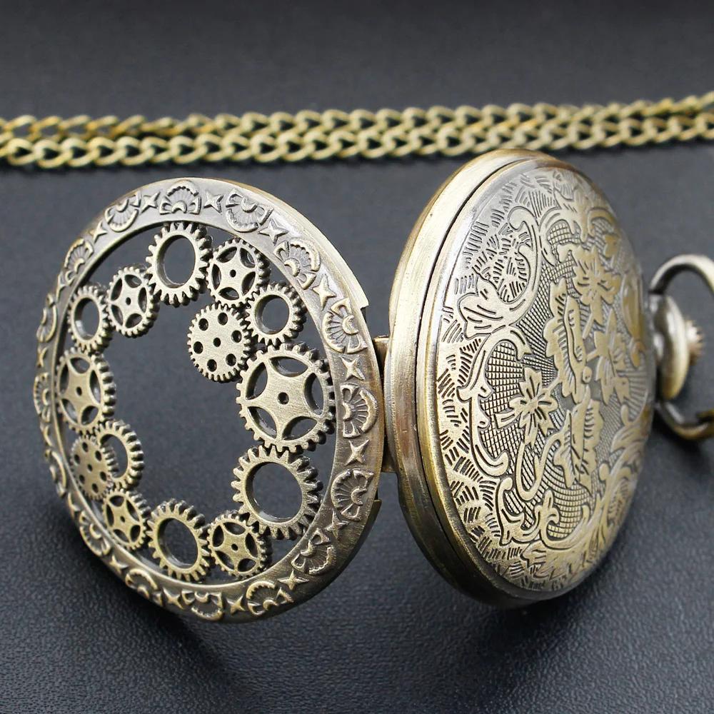 Bronze Quartz Movement Pocket Watch Hollow Gear Necklace Pendant Gift With Chain Pendant Gifts For Women Or Man with Fob Chain