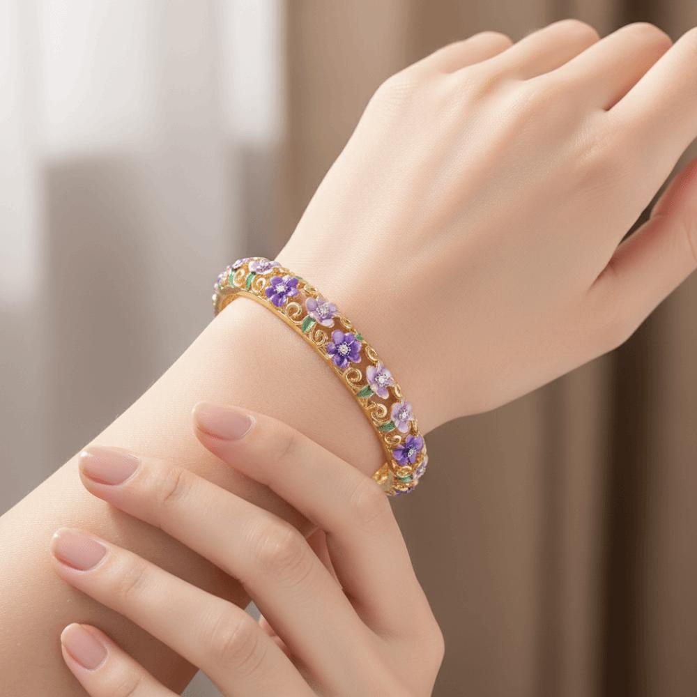 Enamel Vintage Cloisonne Bangle Hollow Floral Flower Crystal Bangle Traditional Ethnic Women's Hand Bracelet