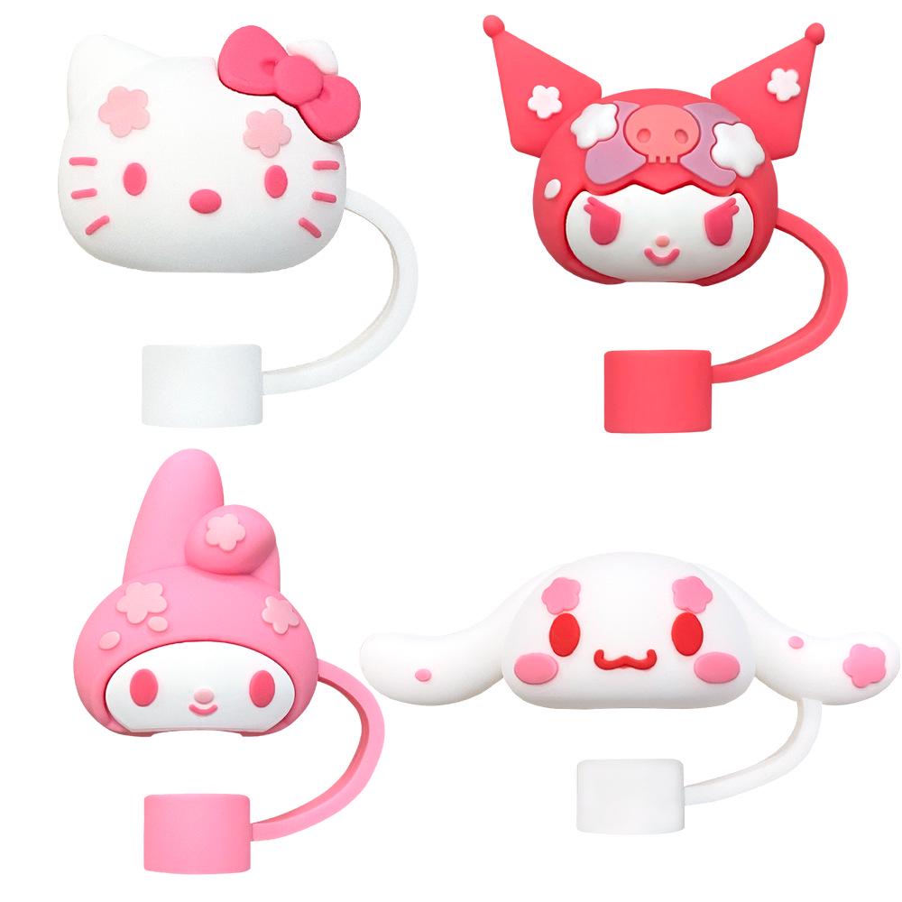 Sanrio Cartoon Straw Cap Set: 4-Piece Fresh 10mm Straw Accessories with Dust Plug & Cup Decoration