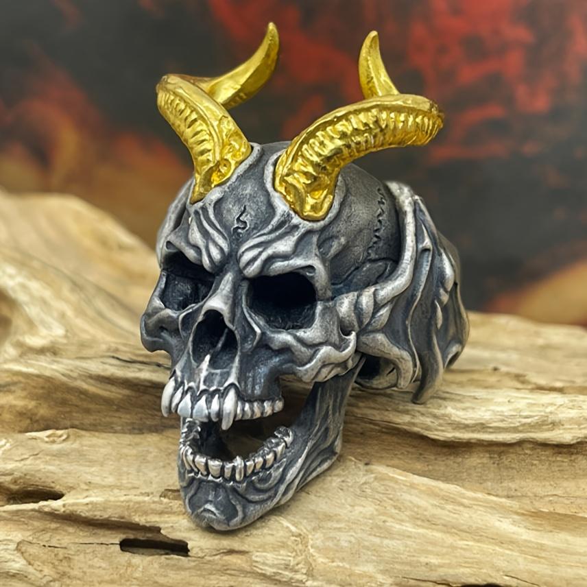 Vintage Punk Stainless Steel Skull Rings For Men Gothic Punk Exaggerated Gold Color Goat Skull Ring Hiphop Rock Biker Jewelry