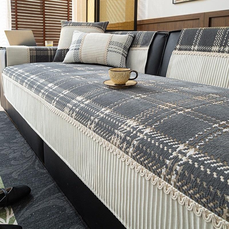 

1 шт. Винтажный плед шенилл чехол на диван с плиссированным краем, нескользящий, машинная стирка, всесезонная защита для диванов на 1-4 места 70x70cm серый