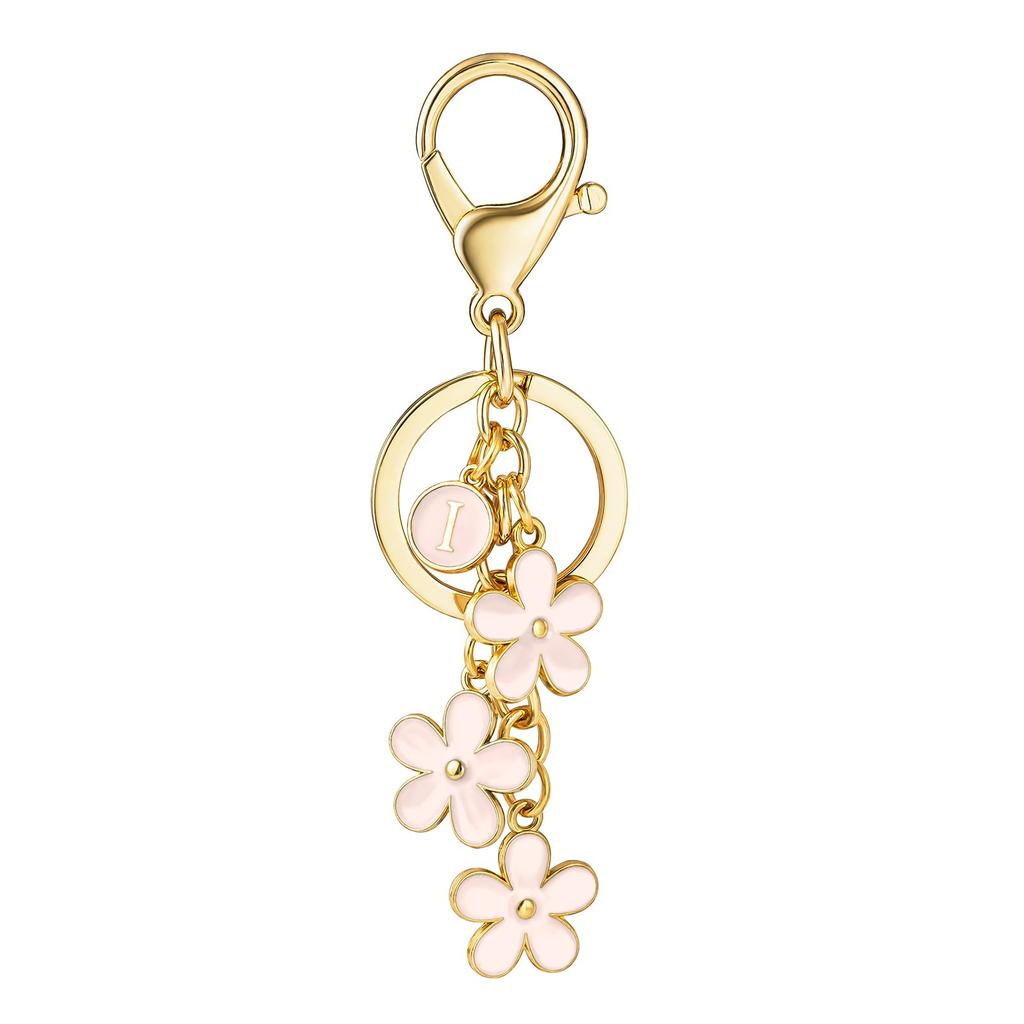 Initial Keychain White/Pink Flower Charms for Key Cute Letter Keyring for Handbag Backpack Key Ring Accessories