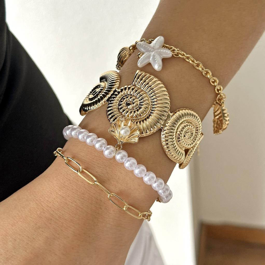 Vintage Reiskörner Stapelbare Armbänder Set für Damen Sommer Seestern Muschel Elastische Armbänder Charms Urlaub Reise Party Schmuck