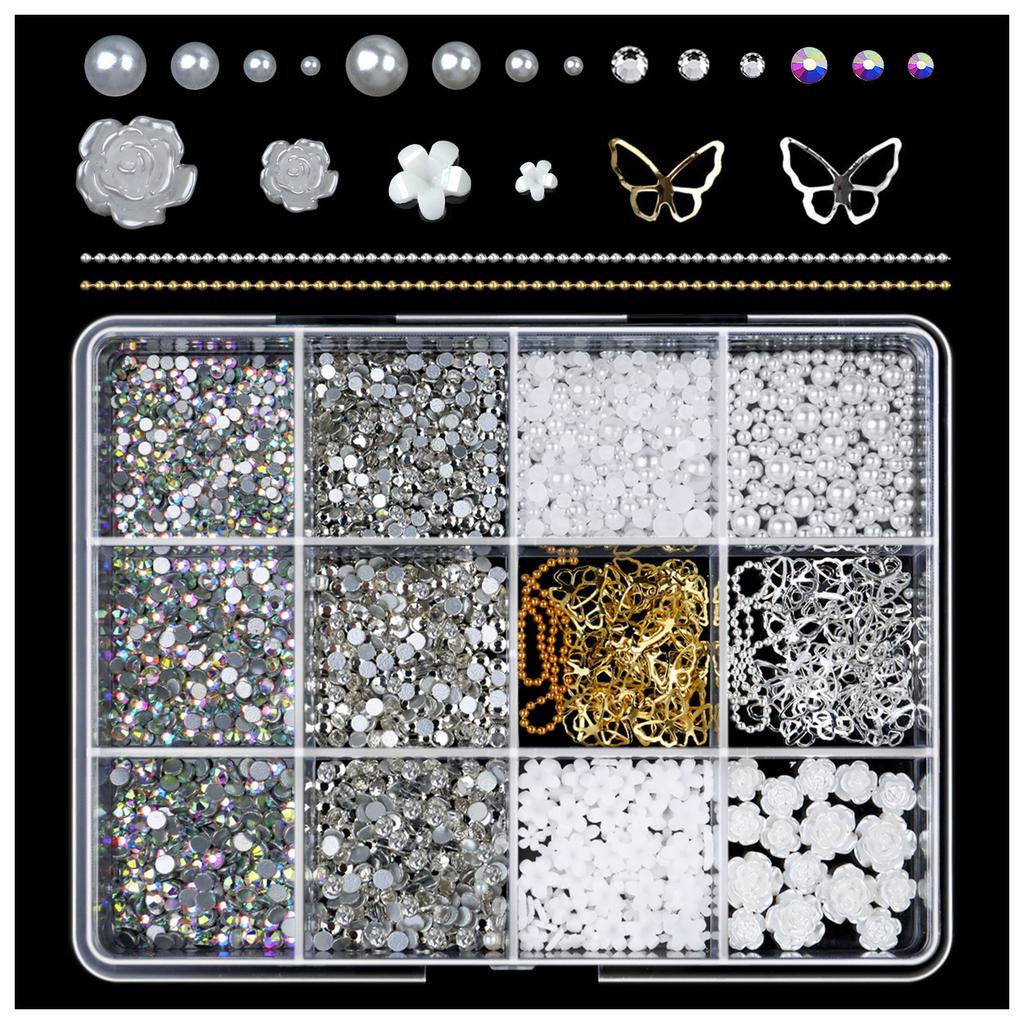 1 Box Colorful Mixed Nail Charms 3D Bowknot Flower Star Pearls Rhinestone Nail Art Decorations DIY Manicure for Nail Salon