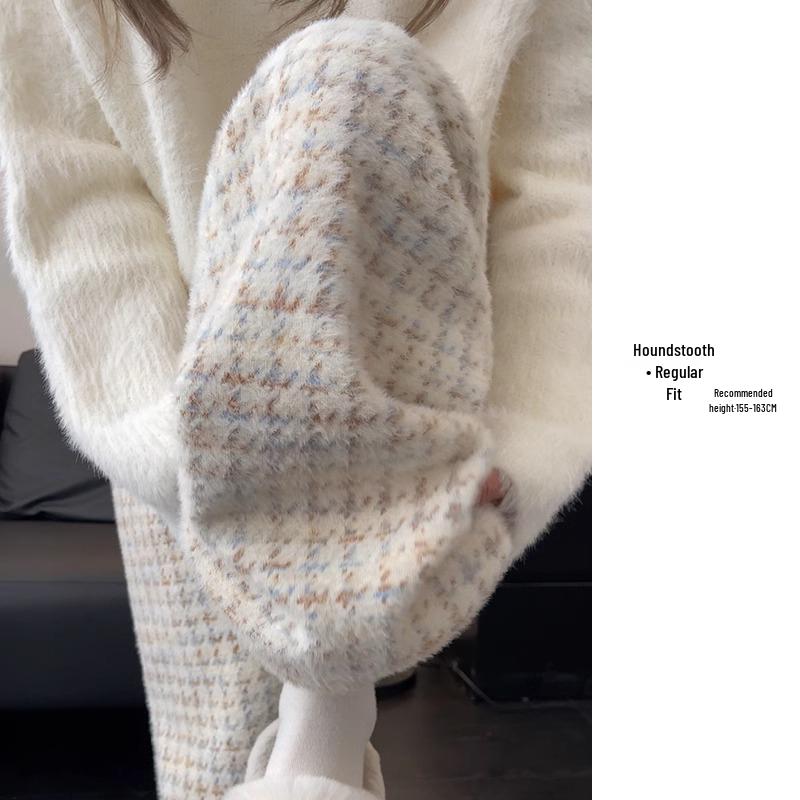 Women s Houndstooth Wide-Leg High-Waisted Pants - Autumn/Winter 2025, Casual Woolen Velvet, White Plaid Style. L 55-62 kg