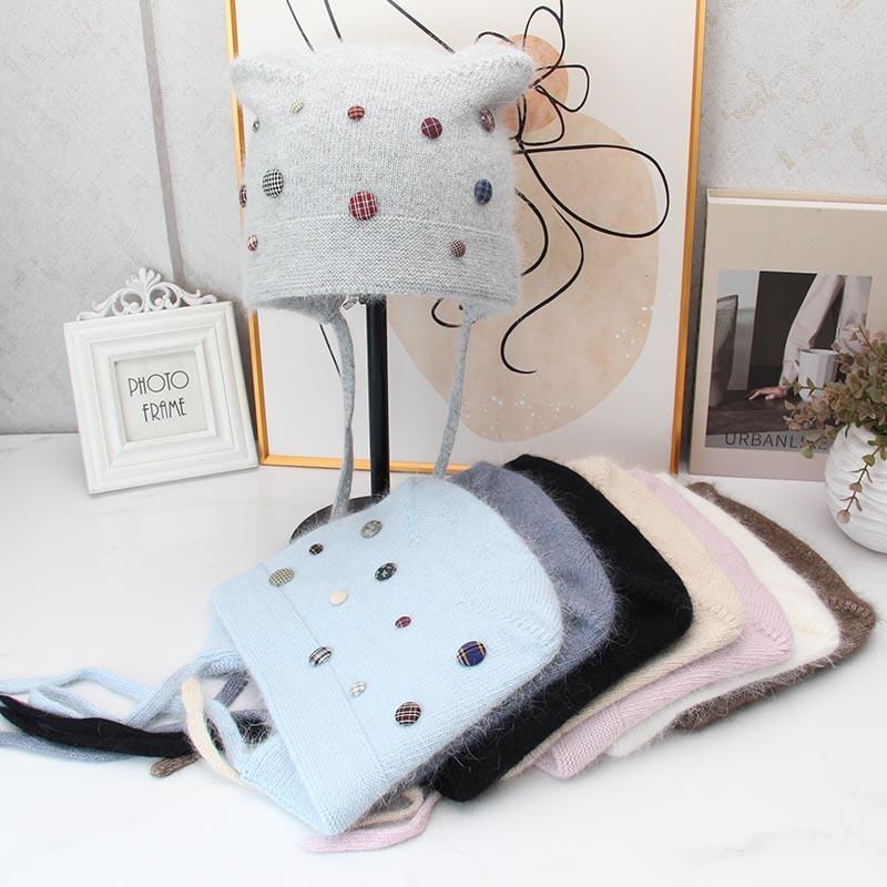 Autumn and winter cute cat ear rabbit hair ear protection knitted hat women's color button decoration warm wool hat cold-proof hat