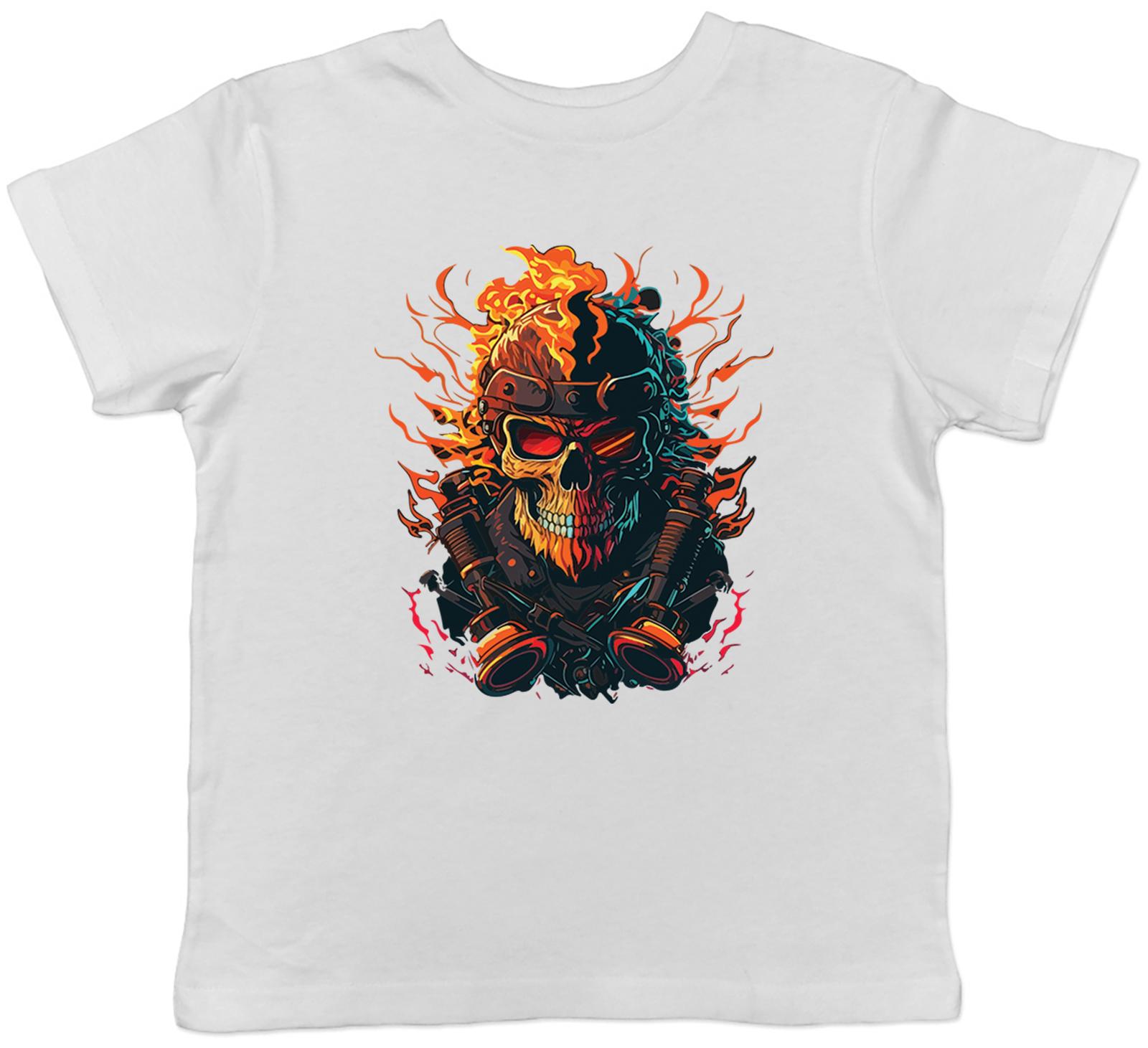 Biker Skull Kids T-Shirt Rock Flames Fire Skeleton Childrens Boys Girls Goth 120