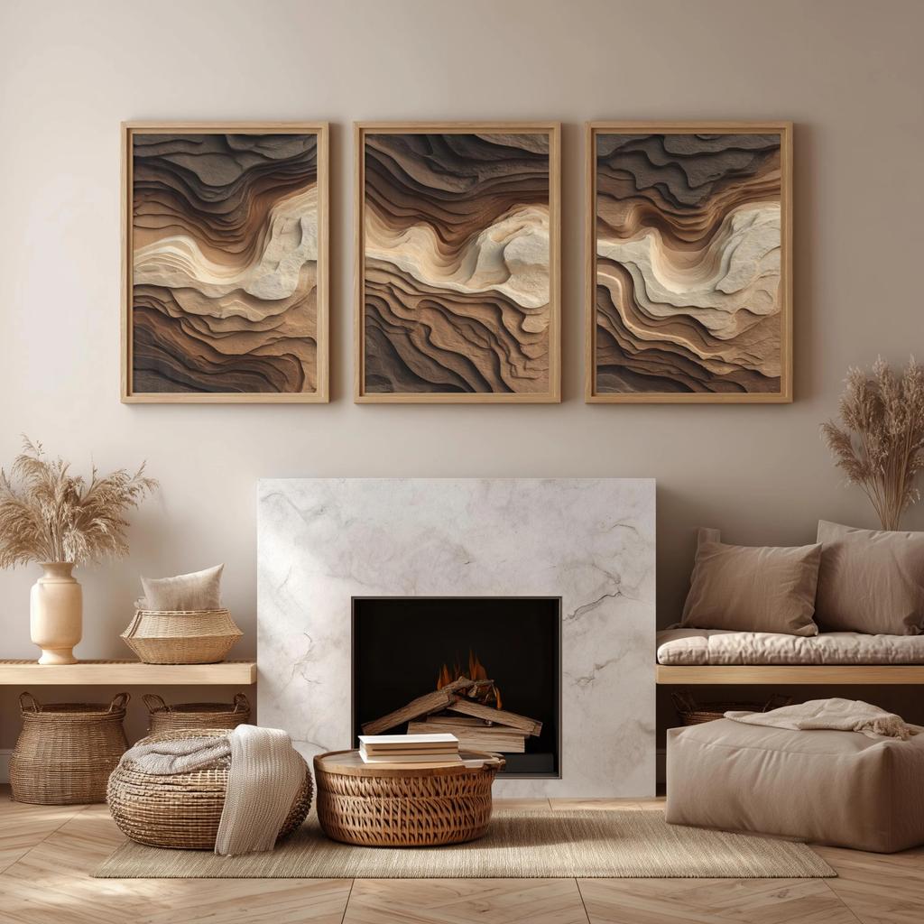 3Pcs Layered Mountain Wall Art, Japandi Wabi Sabi Textured Abstract Prints for Minimalist Living Room Home Interior Decor