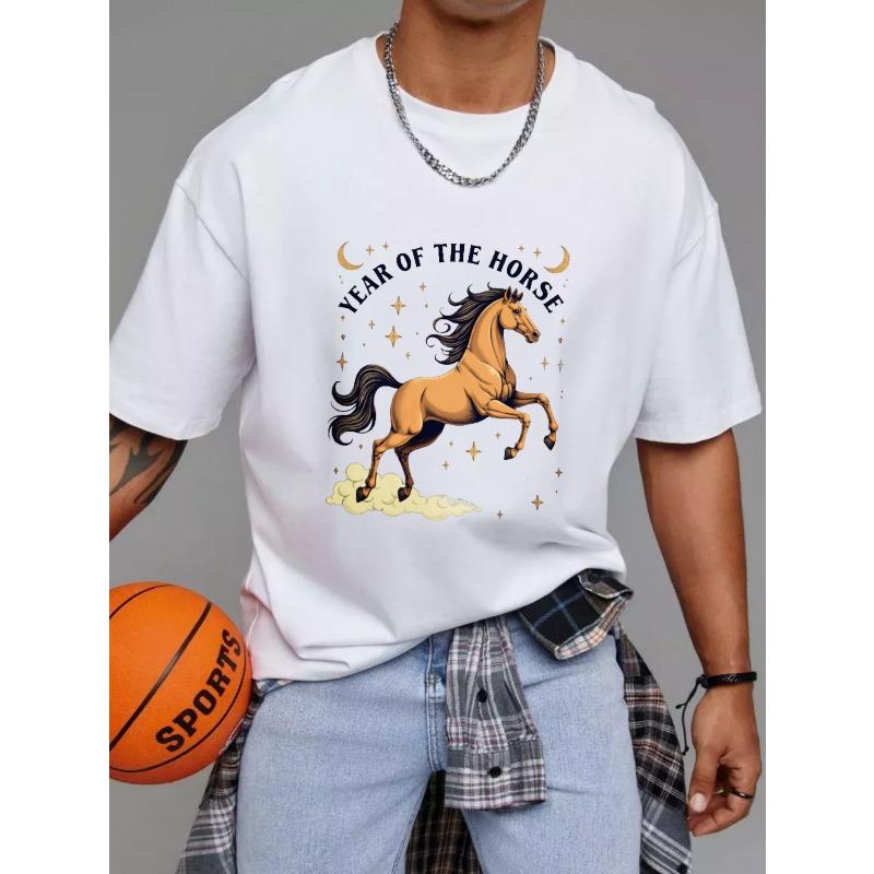 White T-Shirt Year of The Horse Print with Golden Stars and Moon Design for Casual Wear