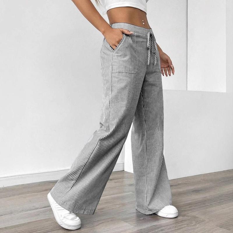 Women's Striped Wide Leg Pants Drawstring Waist Loose Fit Casual Trousers