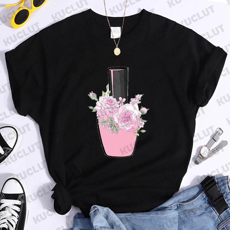 Nail Polish Print Tshirt Unisex Makeup Beauty Aesthetic Graphic T Shirt Female Tee Tops Cosmetics Black Tshirt Ladies Tee Clothes