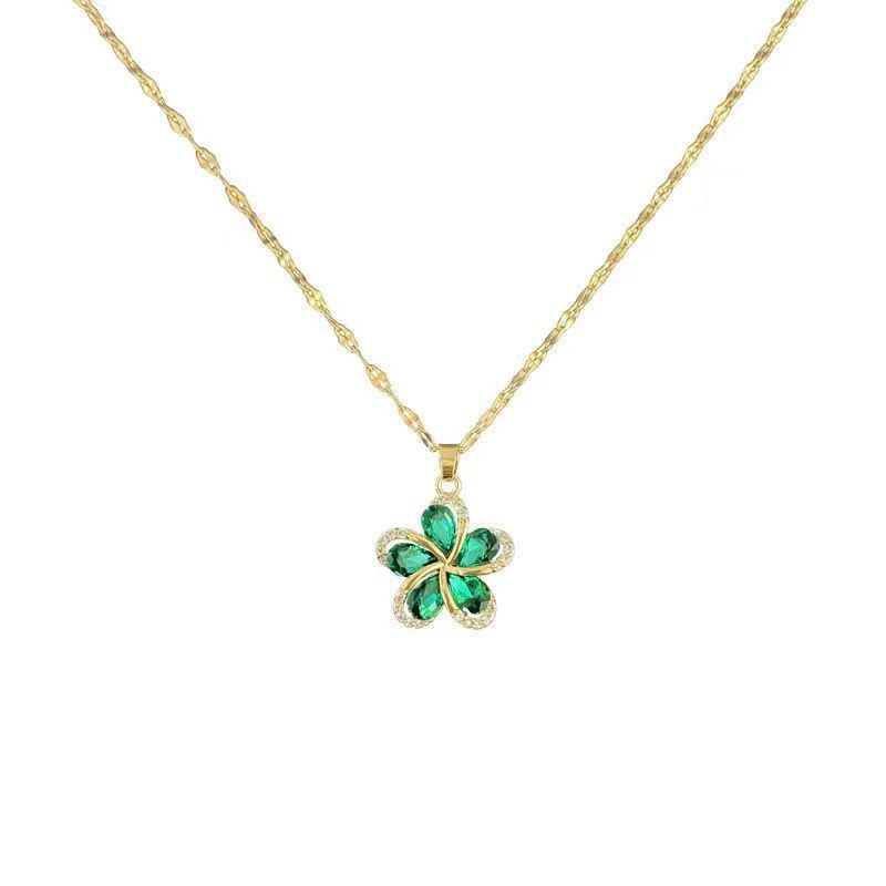 Titanium Steel Emerald Zirconia Flower Necklace - Elegant, Versatile Clavicle Chain with Exquisite Pendant for Women