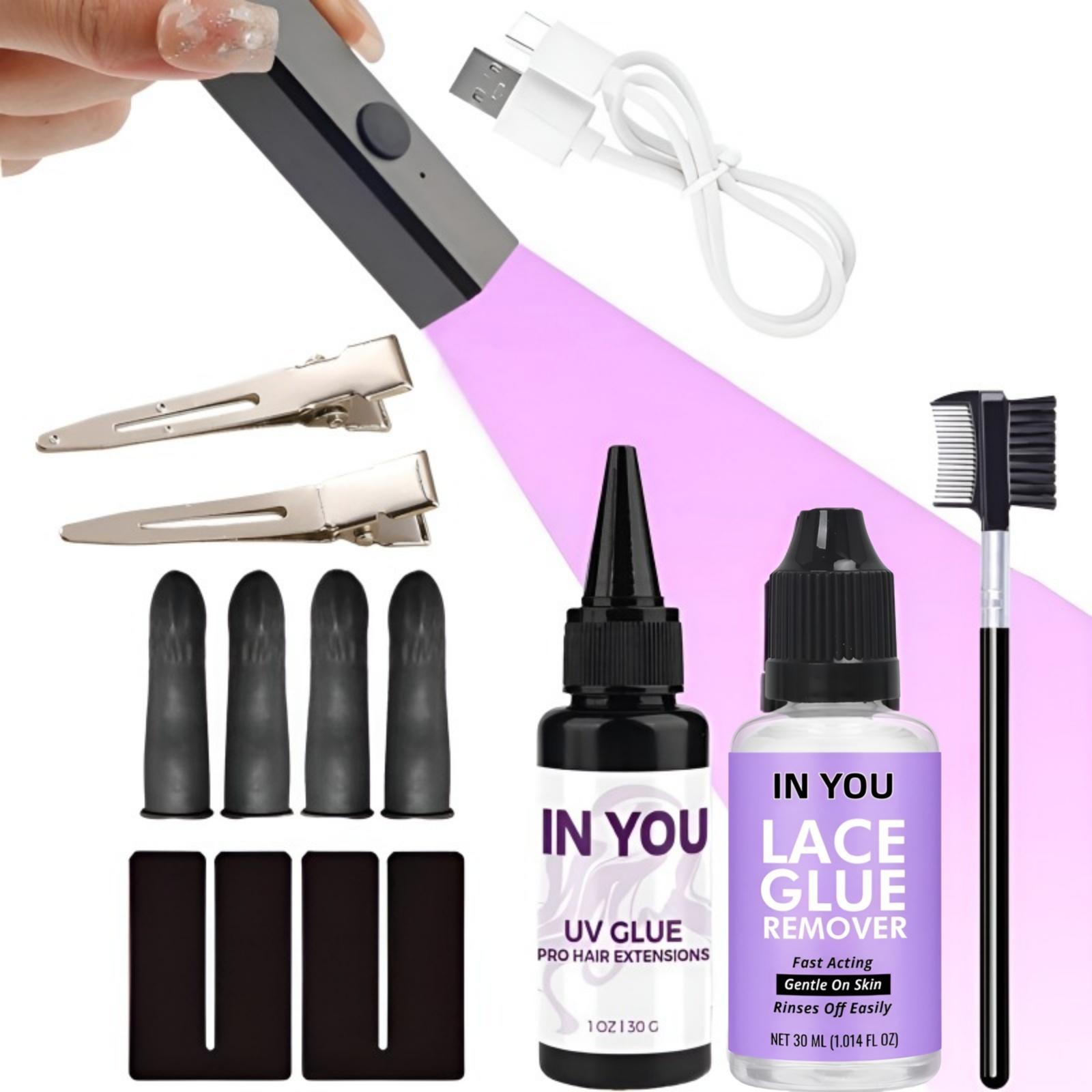 

Professional UV Hair Extension Starter Kit, Invisible Hair Extensions Full Set with Fast Curing UV Lamp, 30g Glue, 30ml Remover for Salon Home DIY Use A set