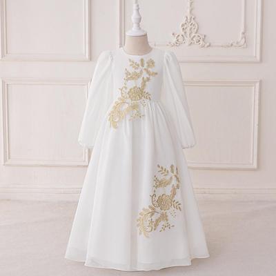 Middle East White Mesh Princess Gown with Gold Thread Embroidery - Long Sleeve Evening Dress for Girls