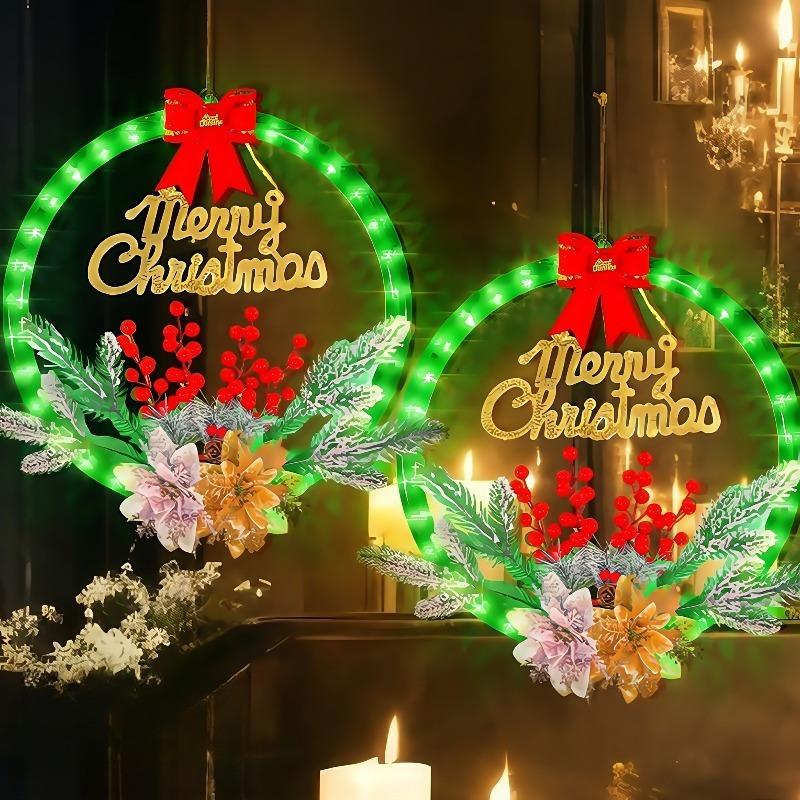 2025 LED Christmas Wreath Hanging Decoration with 8 Light Flashing Functions & Timer LED String Lights Home Window Ornament Lamp