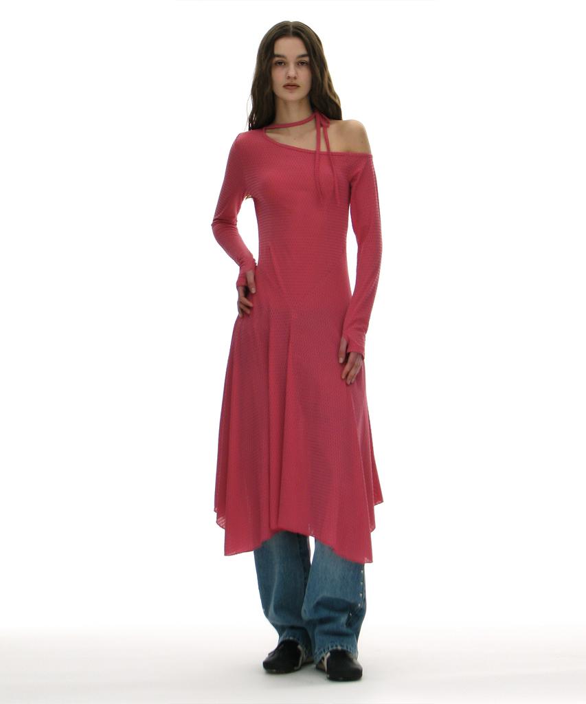 Partimento Woman Jacquard Tie-Neck Midi Dress_Pink
