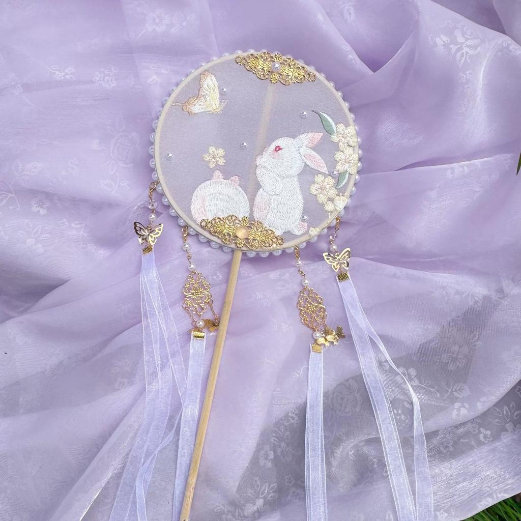Children's Traditional Chinese Style Hanfu Fan, Palace Fan, Embroidered Fan, Women's Handheld Fan, Runway Show, Photography, Dance Fan, Long-Handled