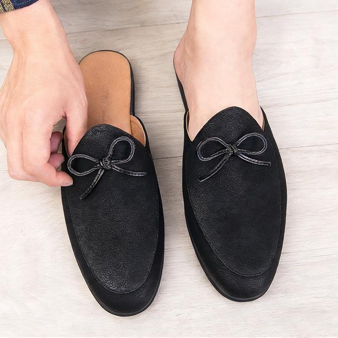 Fashion New Men's Black Bow Tie Half Slippers Shoes Male Casual Pu Leather Mules Moccasins Breathable Loafers Zapatos Hombre