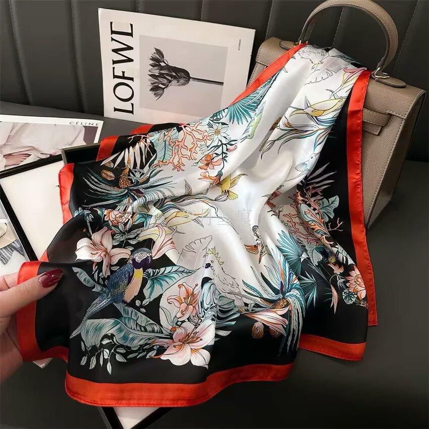 1Pcs Plant-Printed Silk Square Scarf Women Hijab Hair Bands Neckerchief Female Satin Shawl Ribbon Headband Fashion Wraps Bandana