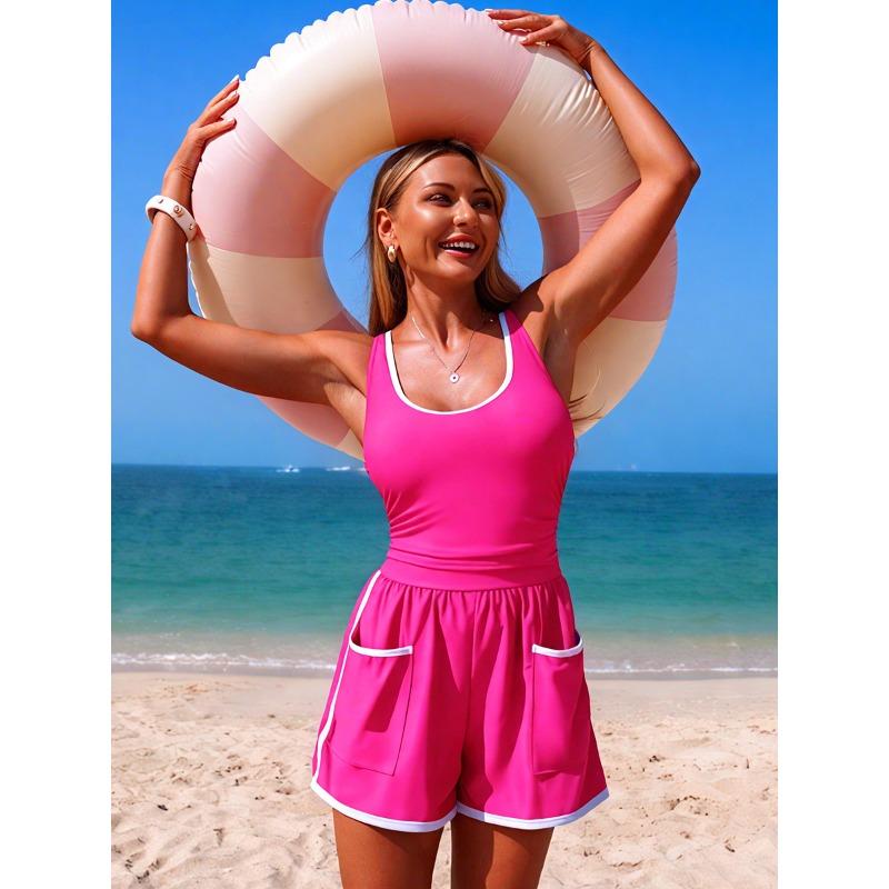 2026 New European and American One-piece Swimsuit Women's Solid Color Conservative Sports Bikini Swimsuit Spot