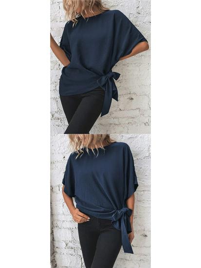 Summer Women's Solid Color Batwing Sleeve Knot Hem Loose T-shirt