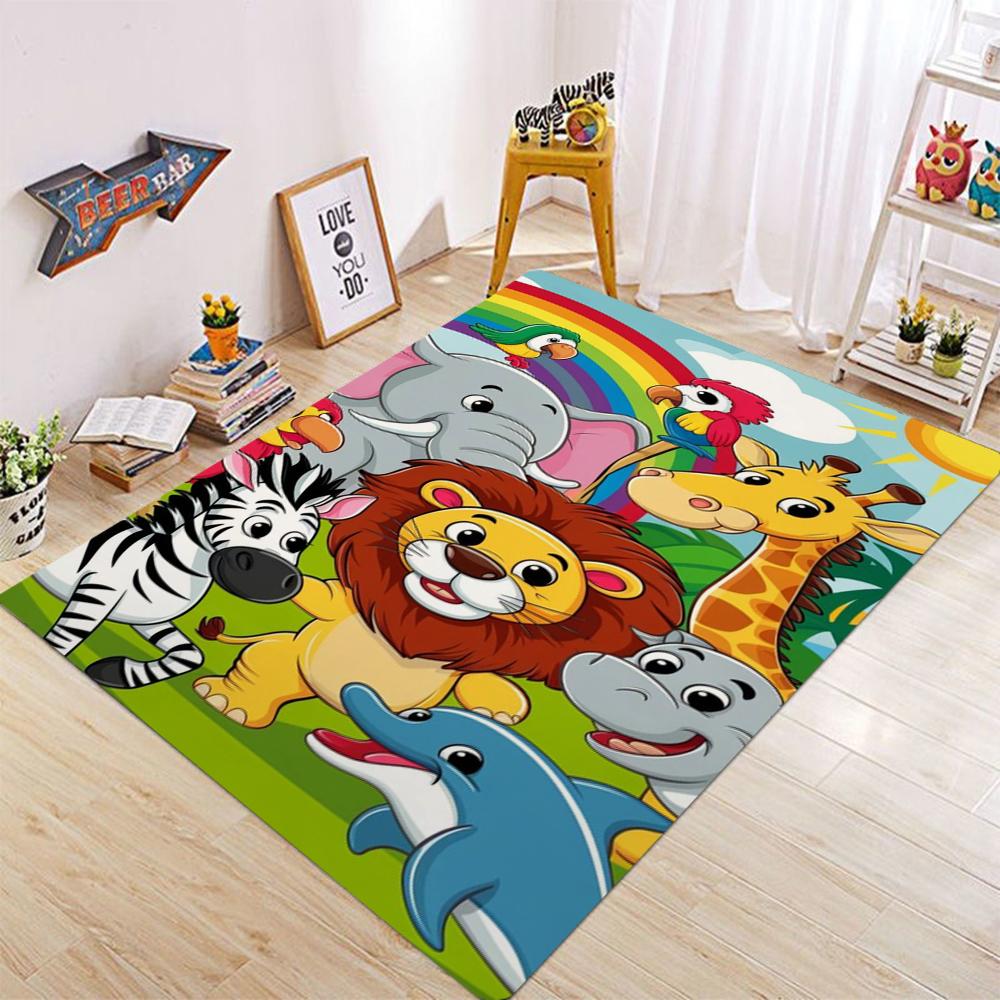 Cartoon Jungle Animal Carpet Mat Rug Multiple Cute Animals Design Non-Slip Floor Mat for Kids Room Living Room Home Decoration