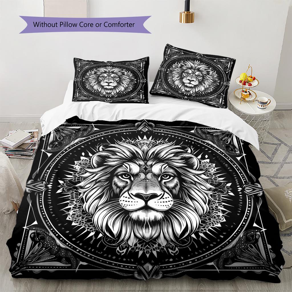 Black and White Lion Pattern Bedding Quilt Set  Home Decoration  Gift (1 * duvet cover + 2 * pillowcase  without core)