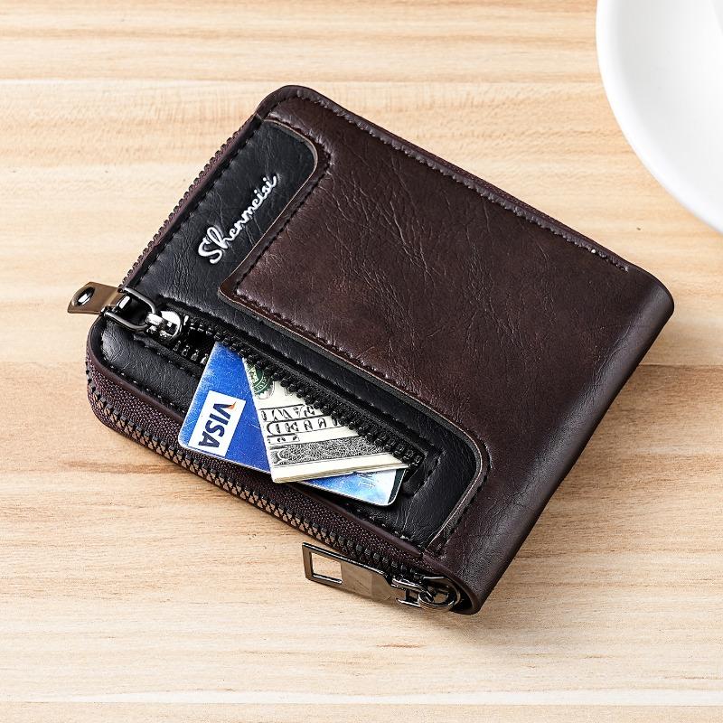 Portefeuille court pour homme en cuir PU Portefeuille pliant à fermeture éclair sur tout le pourtour Multiples emplacements pour cartes Fenêtre pour pièce d'identité Poche à monnaie Porte-billets Portefeuille compact