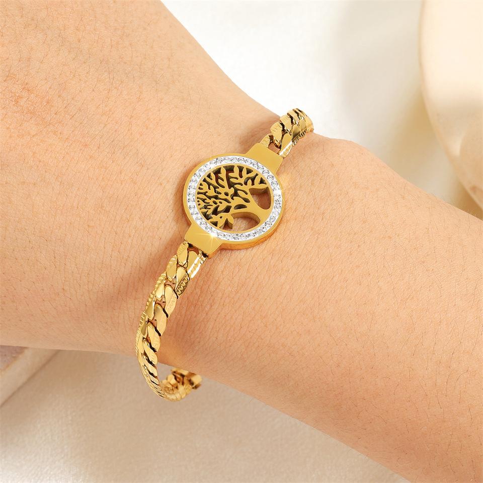 Clear Zircon Tree of Life Round Charm Bracelet For Women Fashion Stainless Steel Gold Color Wrist Chain Luxury Zircon Gift