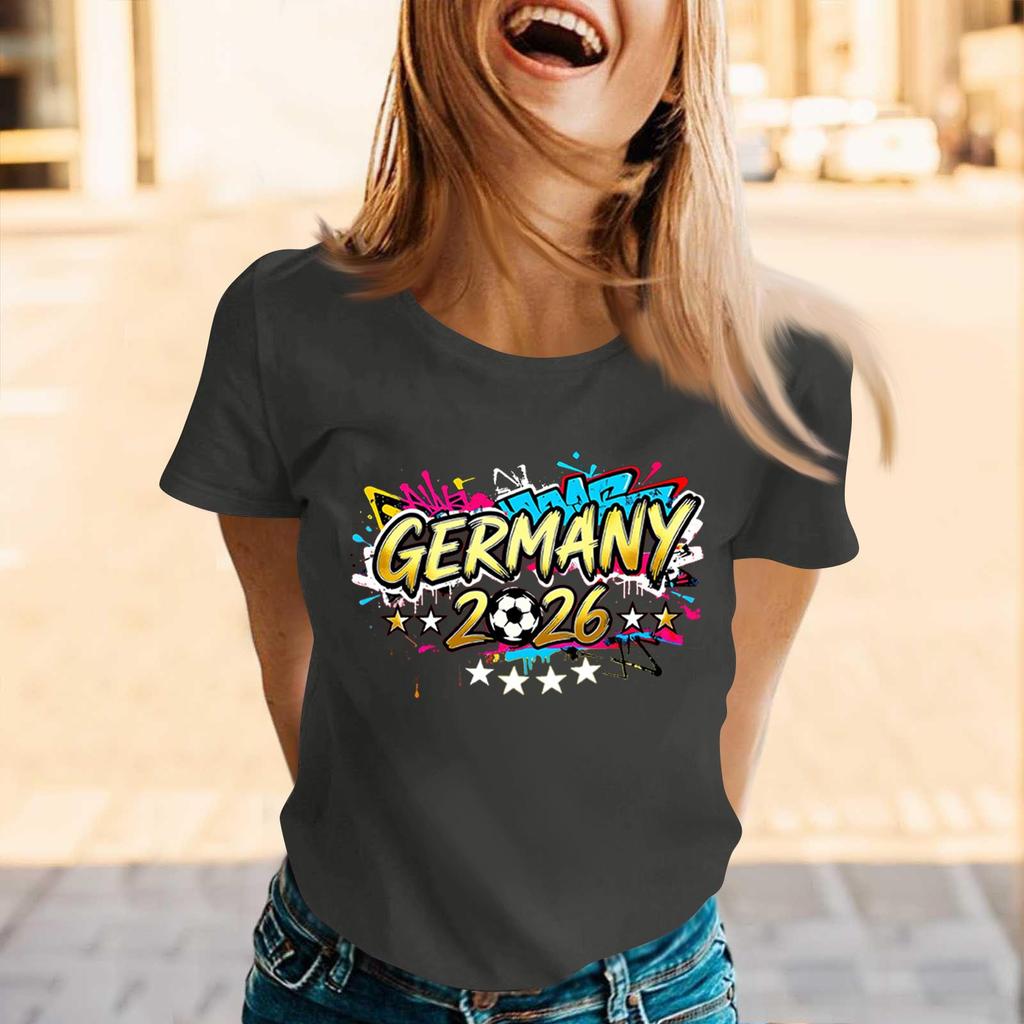 Womens Casual Crew Neck Short Sleeve Pullover T Shirt with Germany 2026 Letter Print Graphic for Soccer Supporters Top