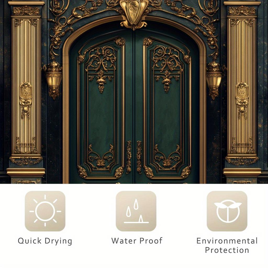 1 Elegant Green And Gold Door Print Shower Curtain - Polyester, 2D Graphic Design With Intricate Decorative Pattern
