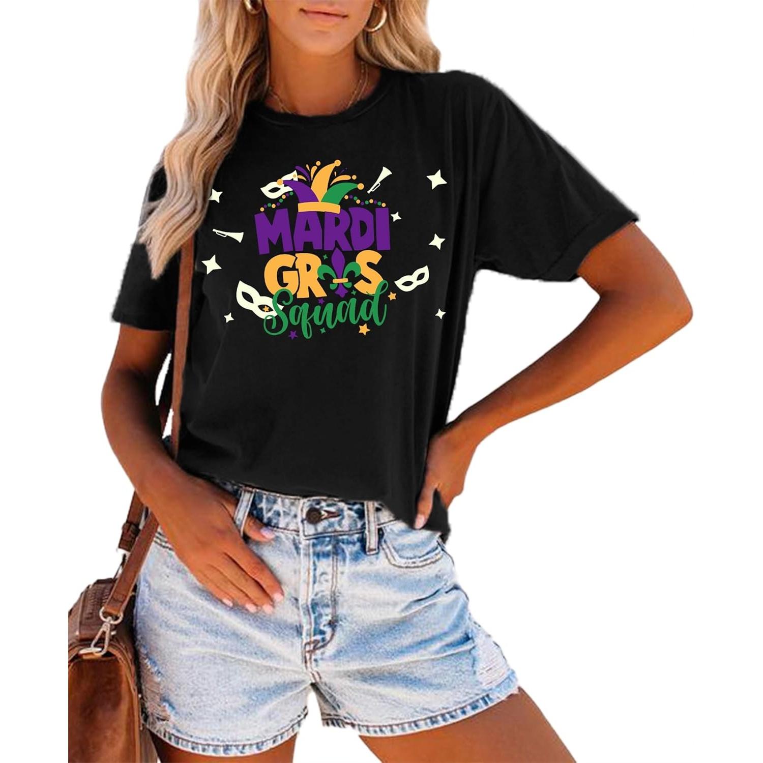 Mardi Gras Shirt for Women Fat Tuesday Shirts Carnival Themed Mardi Gras Outfit Holiday Tee Tops S чёрный