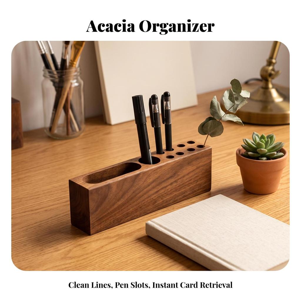 Pen Holder with Card Slot Natural Wood Desk Tidy Compact for Study Room