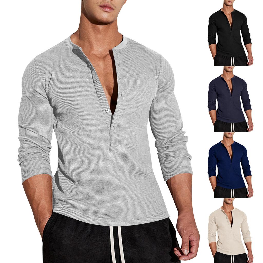 Men's V-neck Sports Fitness Casual Stand Up Collar Elastic Solid Color Long Sleeves