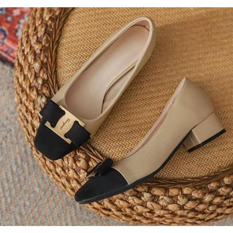 

Fashion New Temperament Elegant Fashion High-heeled Shoes Women s Shoes Spring Bow Mid-heel Leather All-match Thick-heeled Shoes 35 хаки