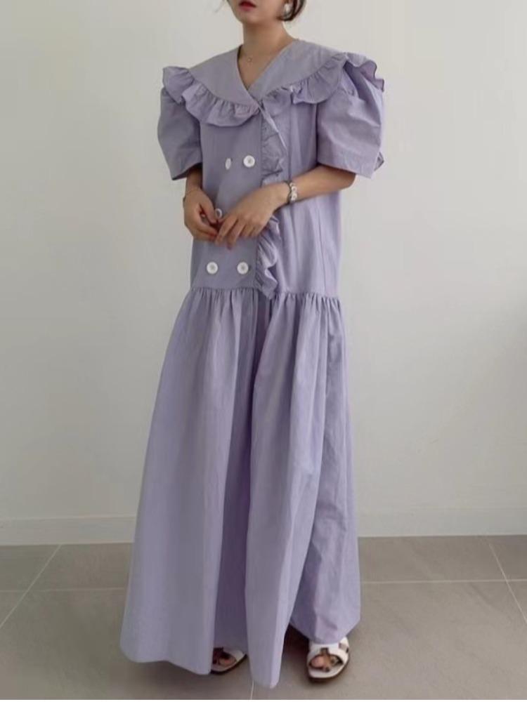 

Корейское элегантное длинное платье с деревянными ушками, женское винтажное повседневное однотонное цельное платье, женское платье миди, летнее платье