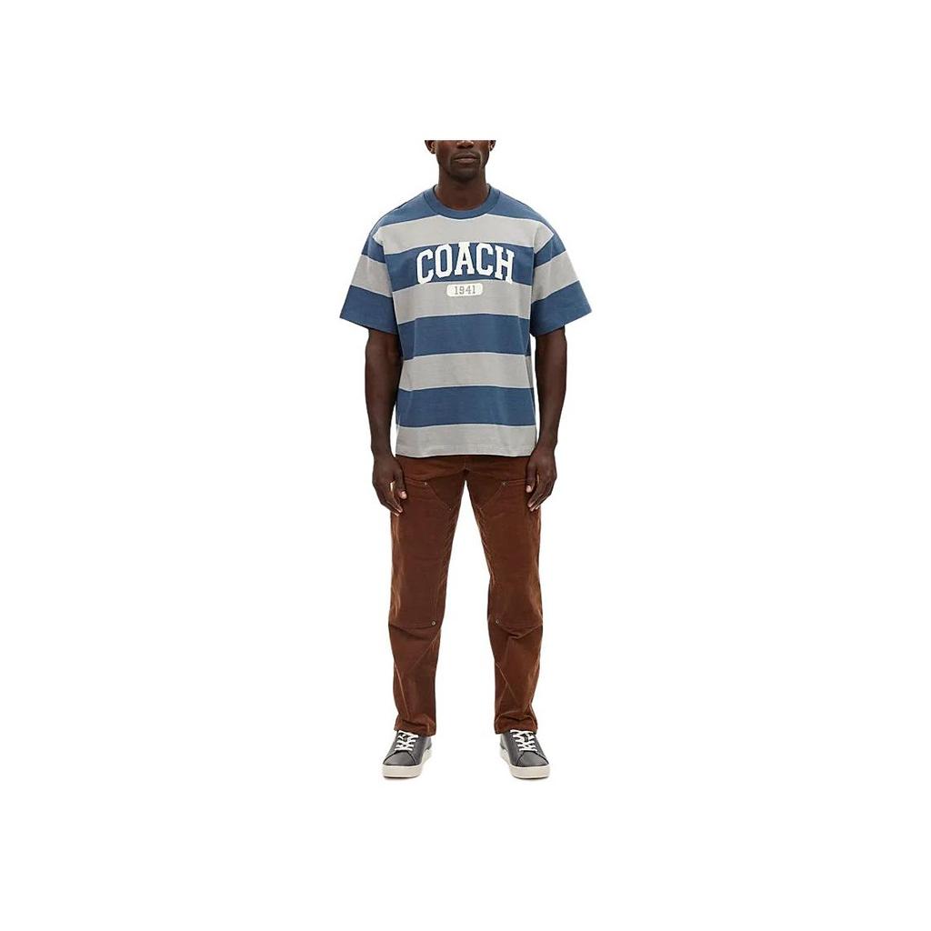 Coach Ss24 Letter Logo Print Striped Crew Neck Pullover Short Sleeve T-Shirt Men Tops Blue CO784-BLM