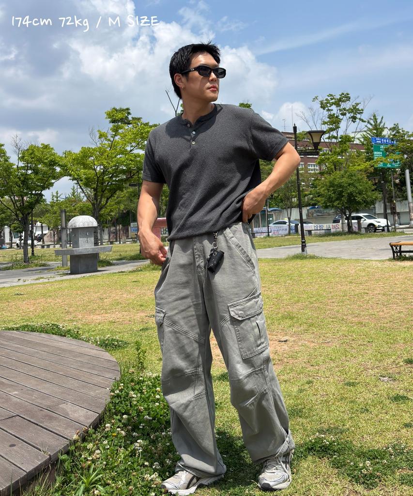 CUZNELLO Cool Cotton Henley Neck Short Sleeve Knit_Charcoal