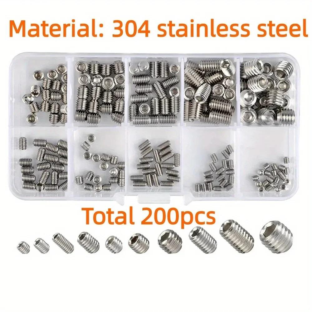 304 Stainless Steel Socket Head Hex Set Screw Assortment Kit Grub Screw Cup- Metric M3 M4 M5 M6 M8 Cup Point Grub Screw Set
