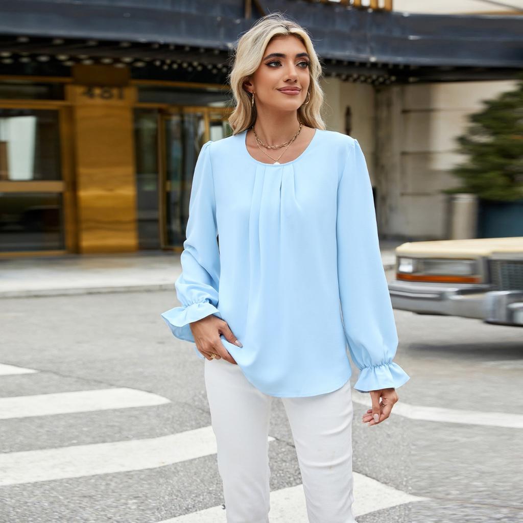Fall Winter Solid Color Crew Neck Loose Long Sleeve Chiffon Top Base Shirt for Leisure Europe US Leisure Women
