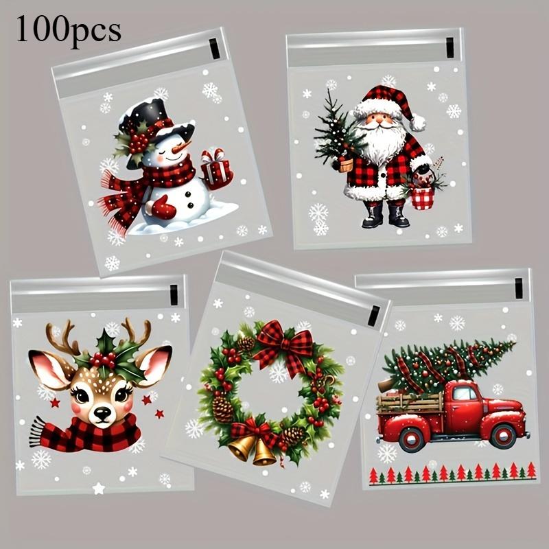 

100pcs Christmas Self-Adhesive Bags Clear Plastic Gift Bags Snowman Santa Printed Bags for Holiday Presents Cookies Party Favors 10x13cm