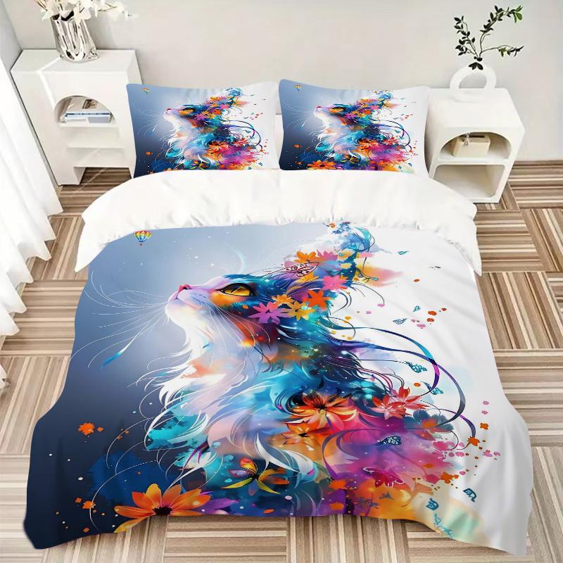 3pcs Colorful Cat Art Design Bedding Set, Including Without Filling, Soft and Comfortable Home Bedroom M033