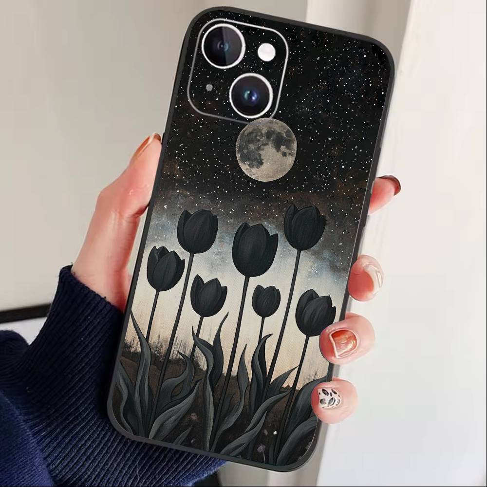 Starry Night Whimsical landscape Phone Case For iPhone 16,15,14,13,12,17,Pro Max,Plus Silicone Black Case