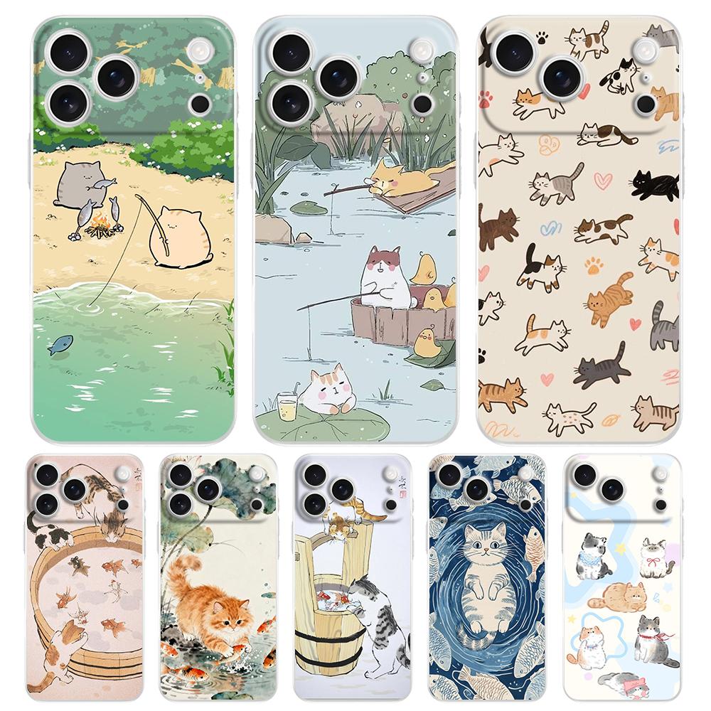 Soft Clear TPU Phone Case For iPhone 17 Air 16E 16 11 15 14 Pro MAX 12 13 7 8 Plus SE Easter Cover Protection Cat Fishing