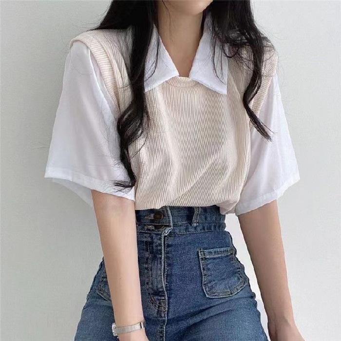 Women Spring Summer Solid Color Short Sleeved Polo Collar Fake Two T-shirt Loose Contrast Color Blouses Pullover Top S-XXL