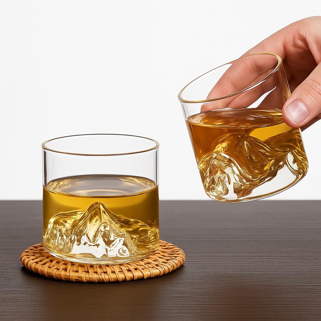 180ml/280ml Mountain Ridge Tumbler with 3D Mountain Base Crystal Whiskey Glass for Bourbon & Scotch