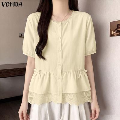 Summer Women Short Sleeve Lace Hem Casual Ruffled T-shirts Tops Blouse