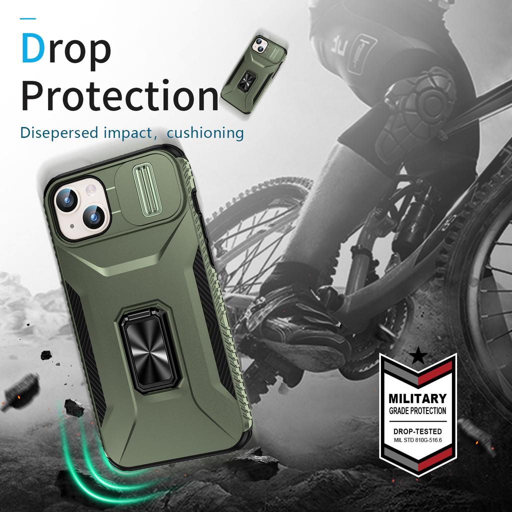 For iPhone 15 Plus/14 Plus Case Camshield Kickstand TPU+PC Anti-Slip Phone Cover
