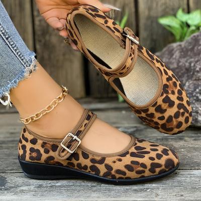Moda Tamanho Grande 43 Sapatilhas Femininas de Salto Baixo Feminino Estampa de Leopardo Bico Redondo Casuais Salto Anabela Baixo Sapatos Únicos Zapatos Mujer